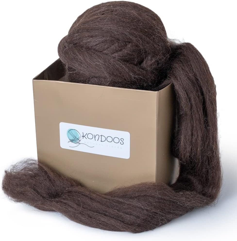 Kondoos Natural Wool roving, 8 OZ. Best core Wool for Needle,Wet Felting, handcrafts and Spinning. Natural Colors Bulk Yarn un-Dyed. (Dark Chocolate, 8 oz)