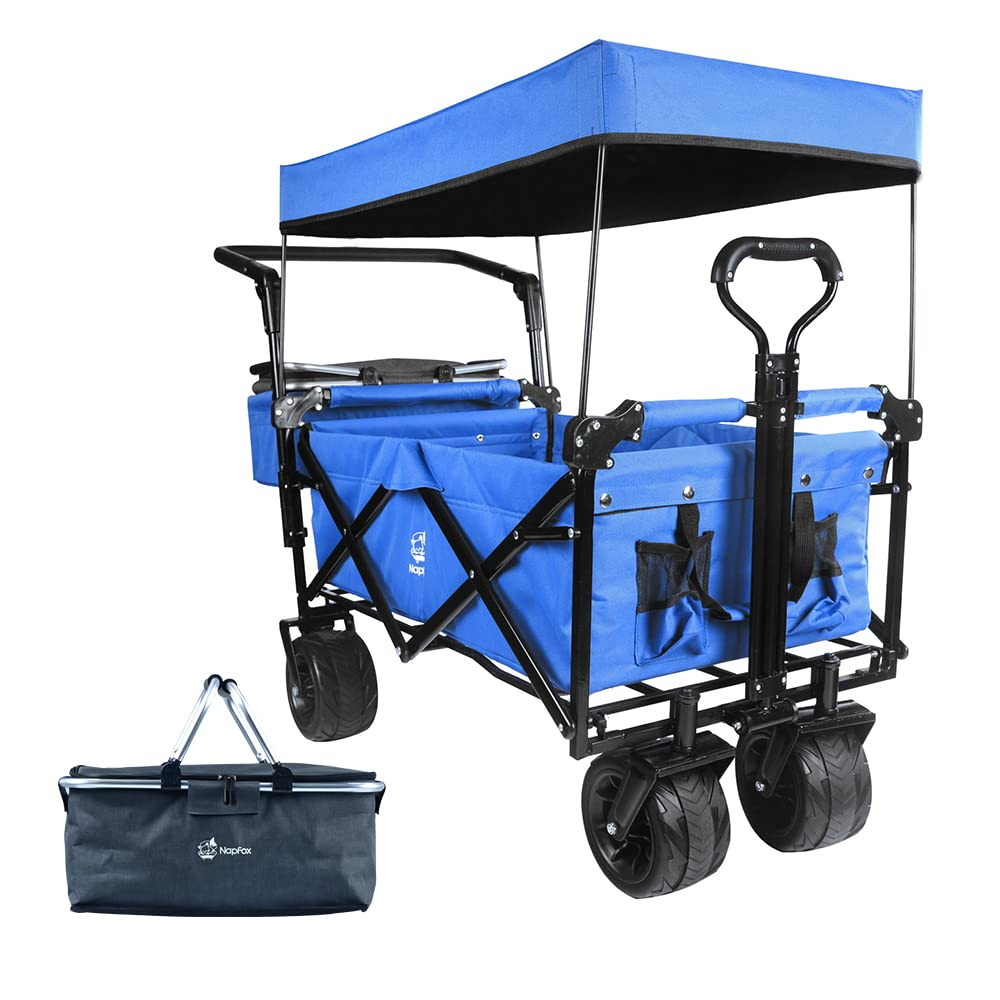 Collapsible Wagon Heavy Duty Folding Wagon Cart with Removable Canopy, 4" Wide Large All Terrain Wheels, Brake, Adjustable Handles,Cooler Bag Utility Carts for Outdoor Garden Wagons Carts Beach Cart