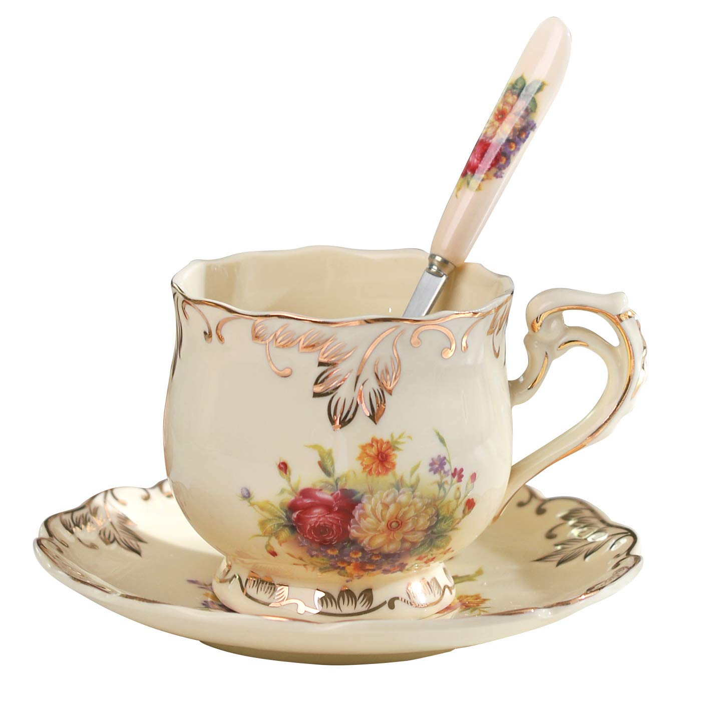 ShengRui Tea Cup and Saucer Set, 8 oz Tea Cup Set, Teacup, Ceramic Tea Cup with Suacer Spoon, Ivory Vintage Rose Floral with Gold Leaves Trim, Gifts for Women