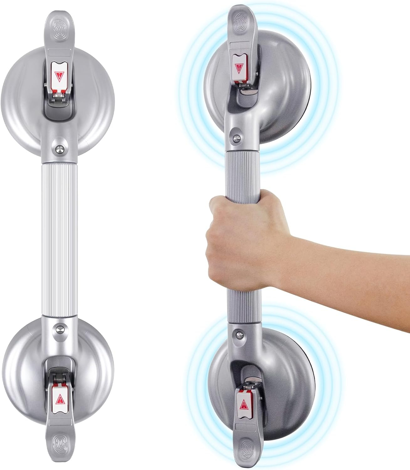 19-Inch Shower Handle - Upgraded Grab Bar with Strong Suction Cups for Bathtub & Shower Safety, Ideal for Seniors, Elderly, Disabled，Silver