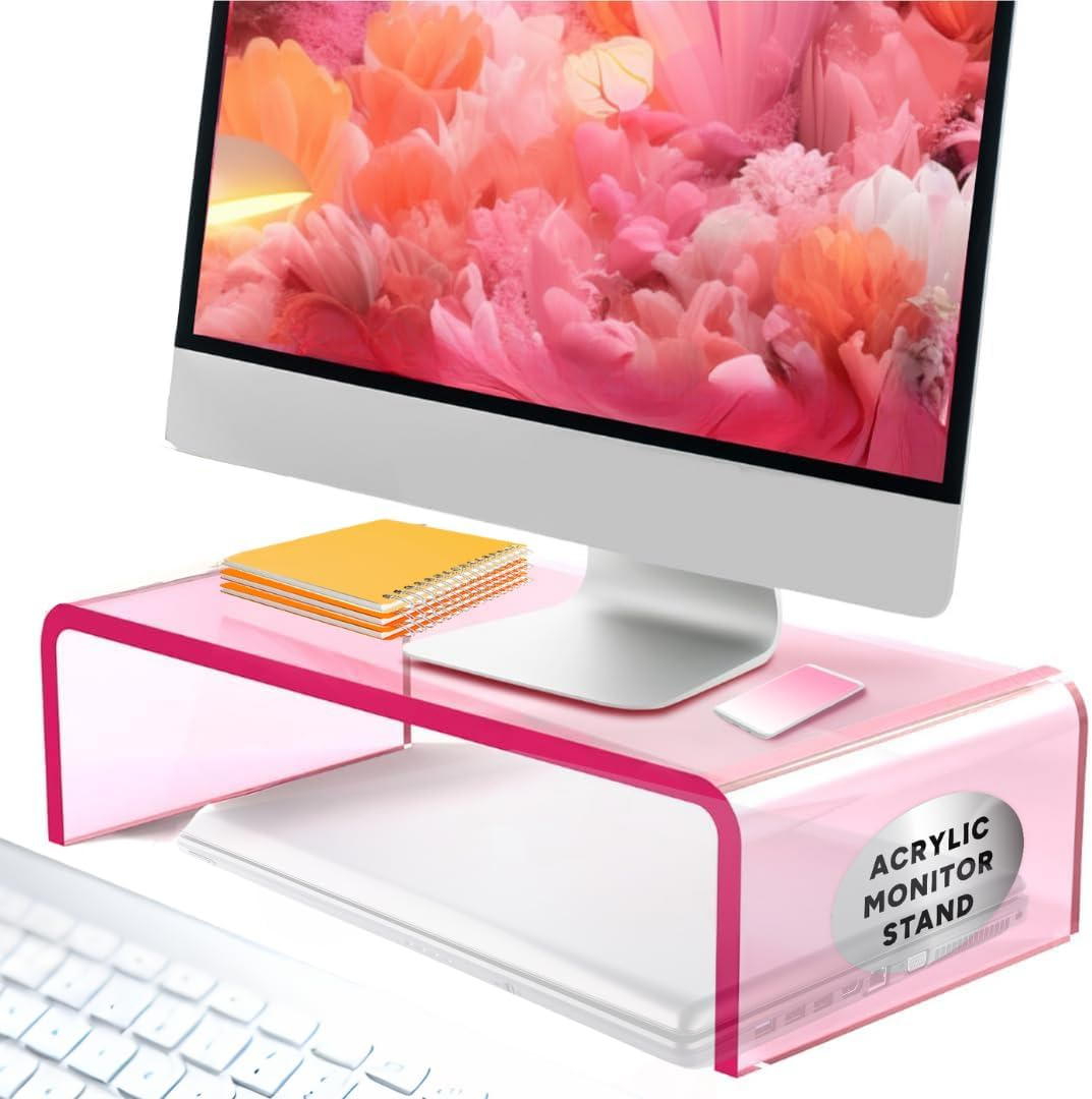 NovaMode Acrylic Monitor Stand - Ergonomic Desk Riser for Better Posture, Stylish & Modern Desktop Organizer, Computer Desk Stand for Monitors & Laptop - Perfect for Valentine's Day - Light Pink