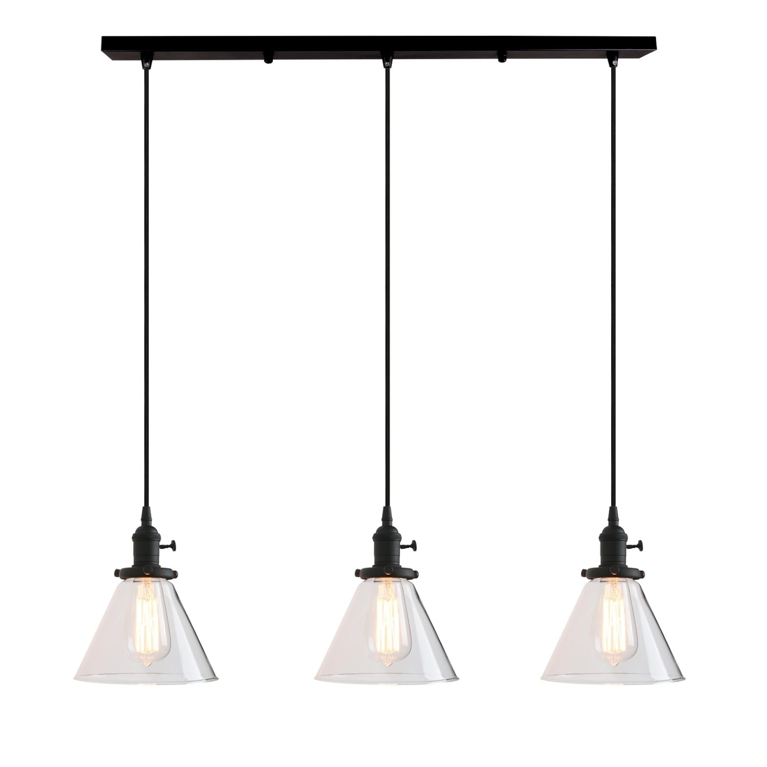 PERMO Vintage Rustic Industrial 3-Lights Kitchen Island Chandelier Triple 3 Heads Pendant Hanging Ceiling Lighting Fixture with Funnel Flared Clear Glass Shade (Black)