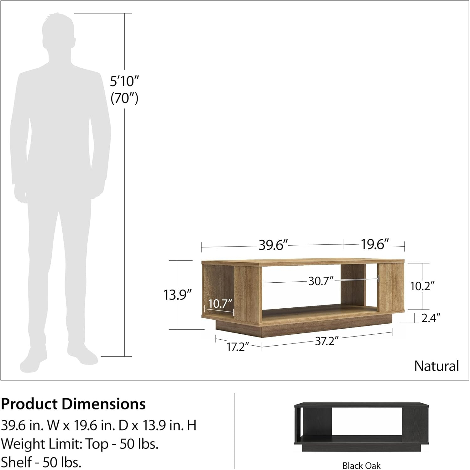 Ameriwood Home Knowle Contemporary Coffee Table, Black Oak, Minimal Design, Eco-Friendly, MDF/Engineered Wood