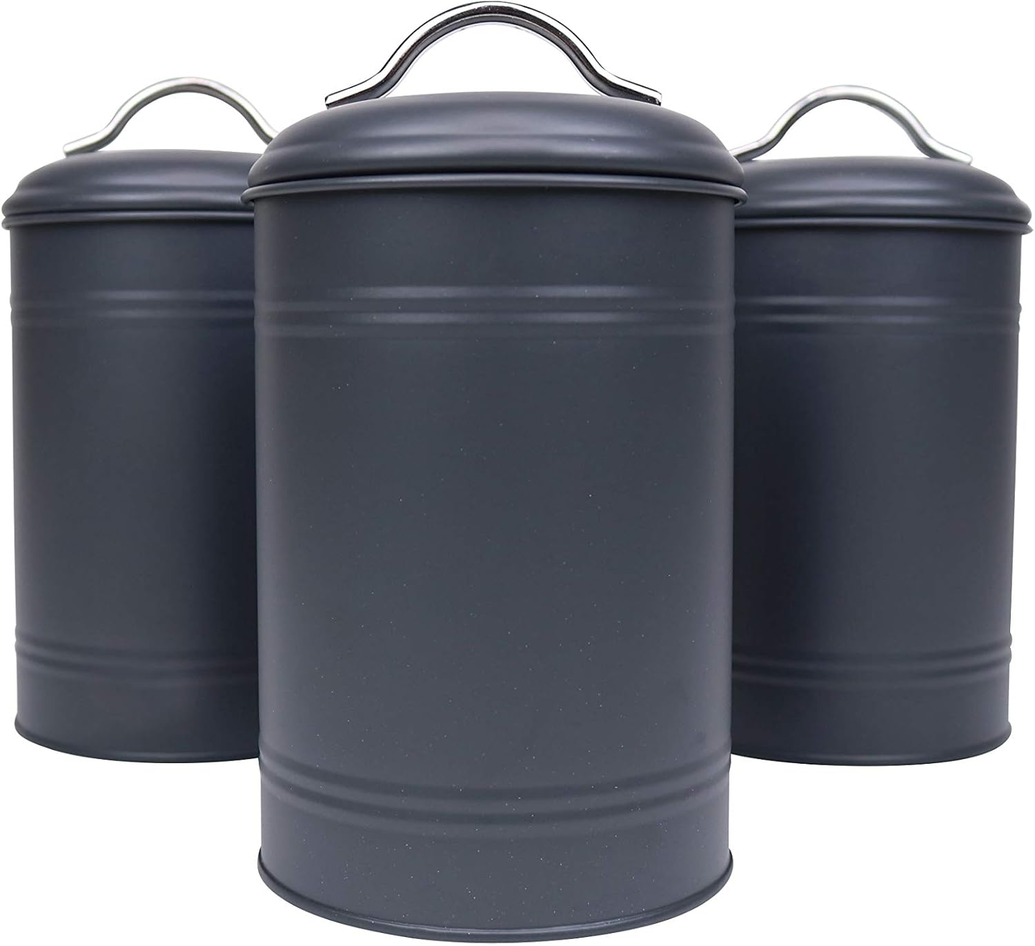 Kitchen Canisters, Set of 3 for Countertop Storage of Coffee, Food, Charcoal Grey Metal, All One-Size, Airtight Lids, Modern Farmhouse Industrial (8 Inches High with Lids, 4.5 Inches Diameter)