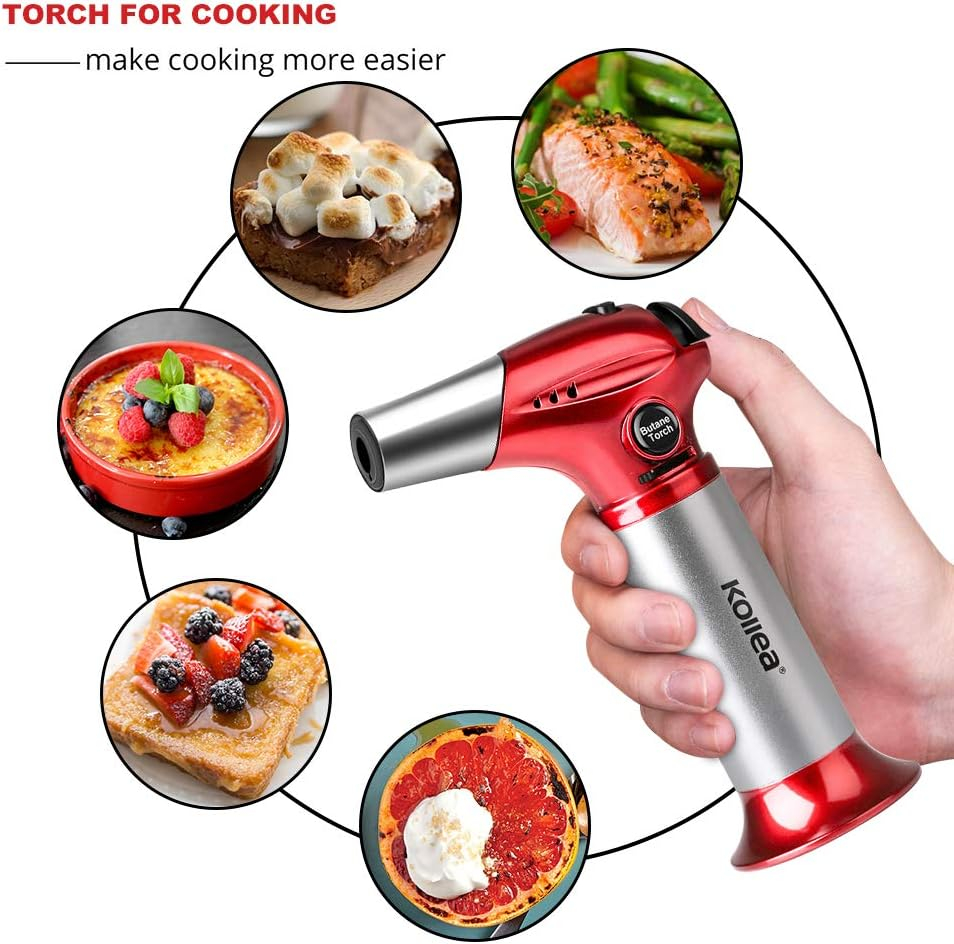 Butane Torch, Kollea Kitchen Blow Torch Refillable Cooking Torch Lighter, Mini Creme Brulee Torch with Safety Lock & Adjustable Flame for Desserts, BBQ, Soldering (Butane Gas Not Included)