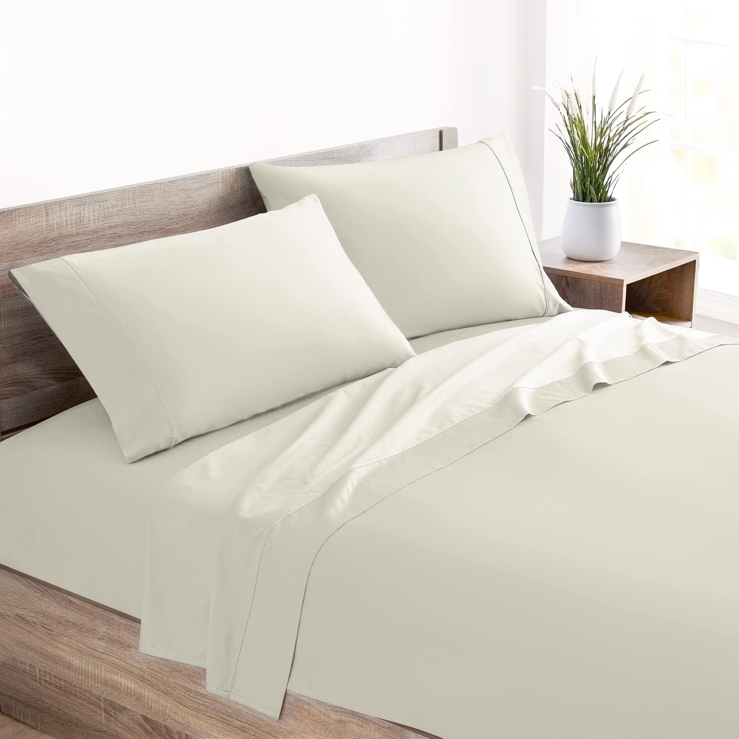 Mellanni 400 Thread Count Cotton Sateen Bedding Set - 3 Piece White Bed Sheets Set - Fits Mattresses up to 16" Deep - Cooling Sheet for Hot Sleepers (Twin, Ivory)