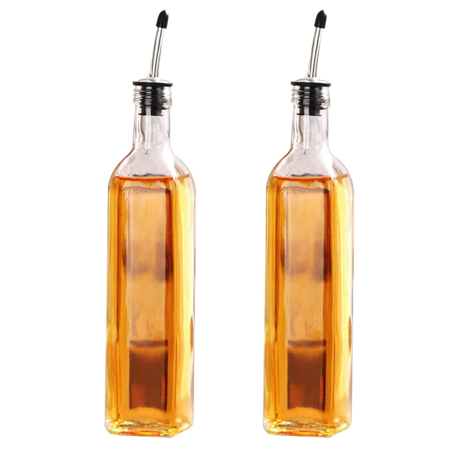 Soro Essentials- Set of 2- Glass 16 oz. Square Cruet with Stainless Steel Pourer - Vinegar and Olive Oil Bottle Dispenser Oil Bottles for Kitchen with Pourers Square Glass Oil Container