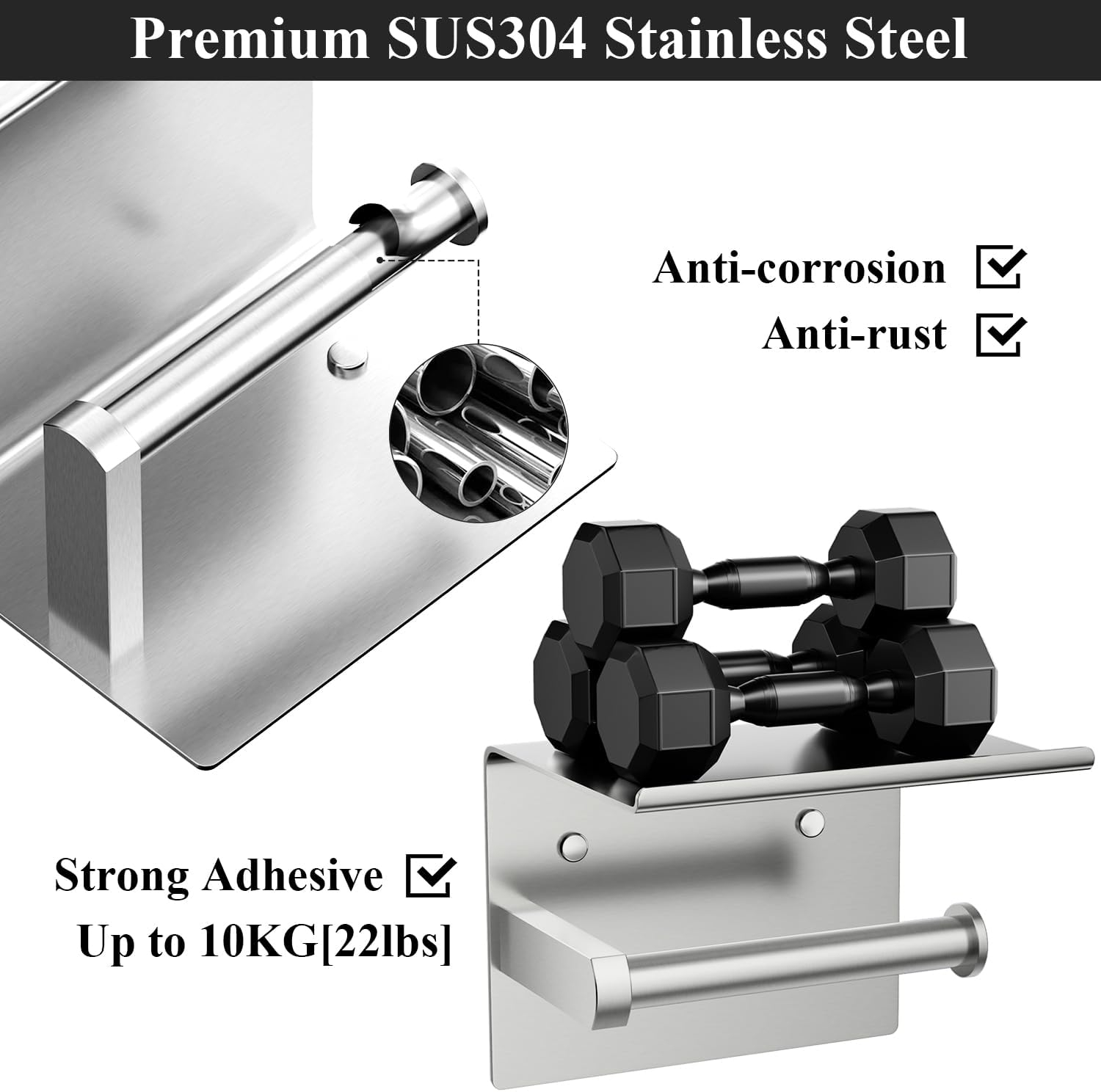 Tindbea Mega Size Toilet Paper Holder with Shelf + Towel Robe Hooks, Adhesive or Screw Wall Mounted Toilet Paper Roll Holder, Stainless Steel Bathroom Hardware Set (Brushed Nickel)