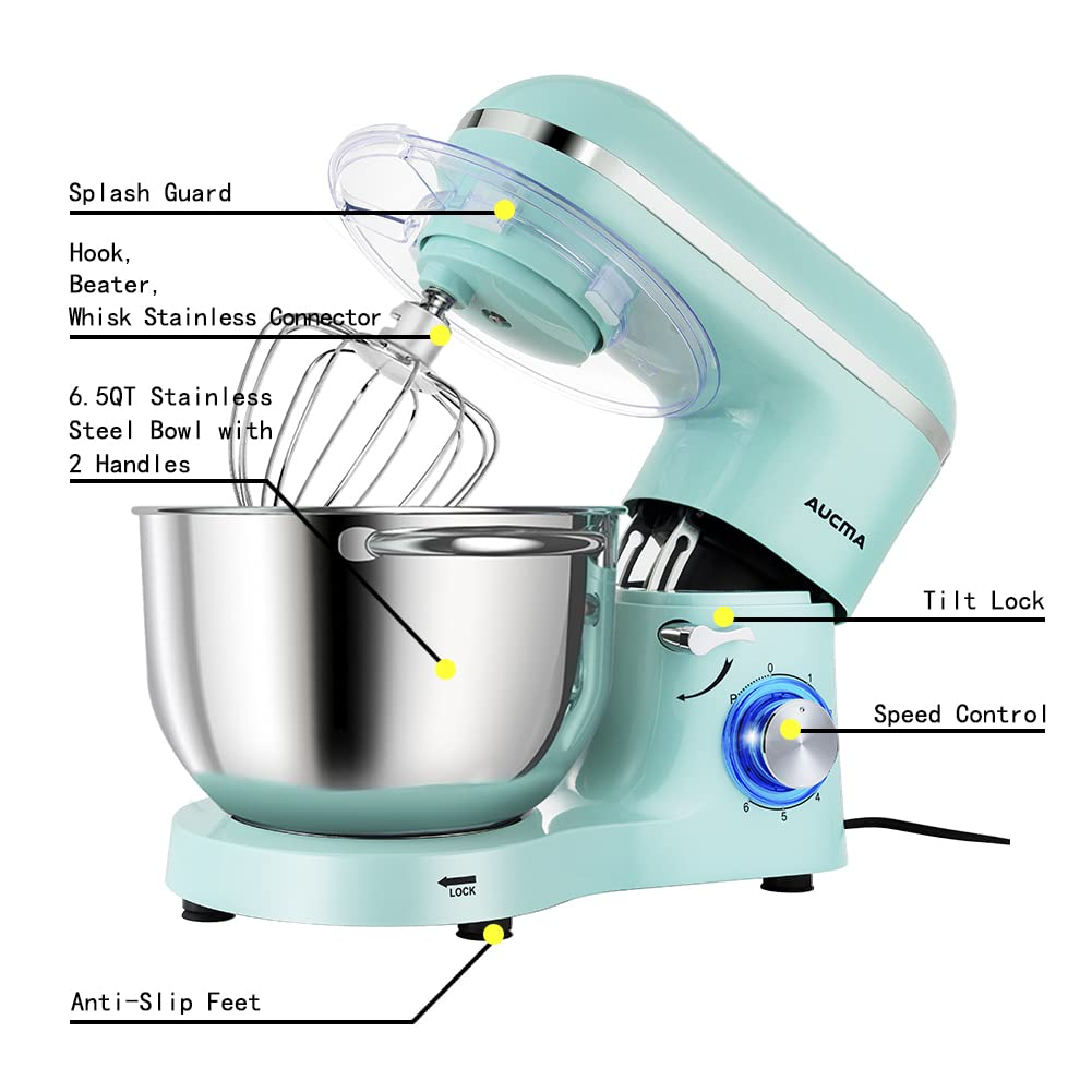 Aucma Stand Mixer,6.5-QT 660W 6-Speed Tilt-Head Food Mixer, Kitchen Electric Mixer with Dough Hook, Wire Whip & Beater (6.5QT, Blue)