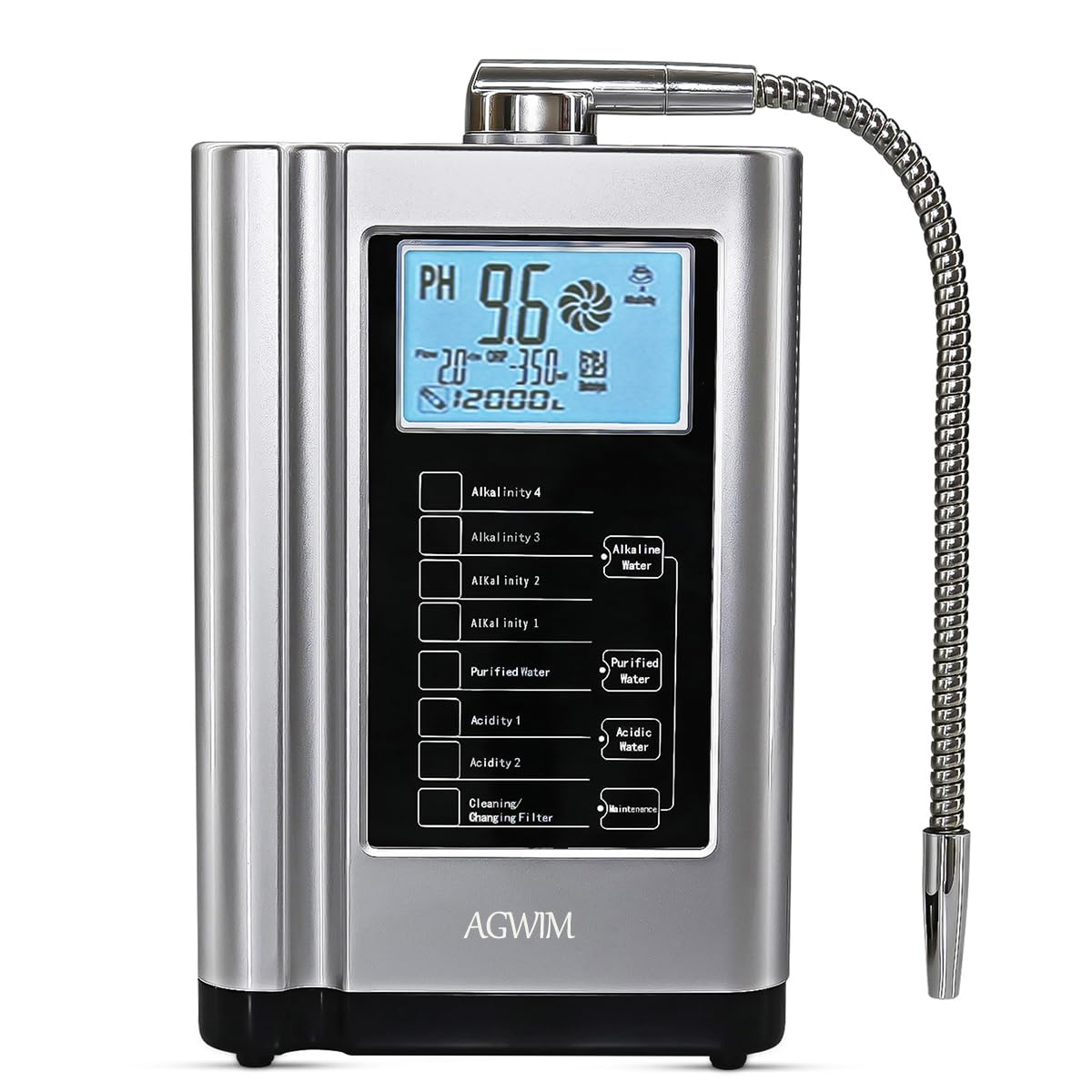 AquaGreen Alkaline Water Ionizer Machine AG7.0, Home Filtration System Produces pH 4-10.5 Water, 7 Water Settings, Up to -570mV ORP, 8000L Per Filter, Silver