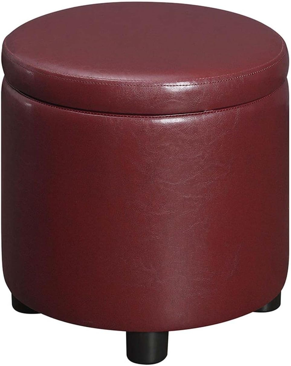Designs4Comfort Round Accent Storage Ottoman with Reversible Tray Lid, Burgundy Faux Leather
