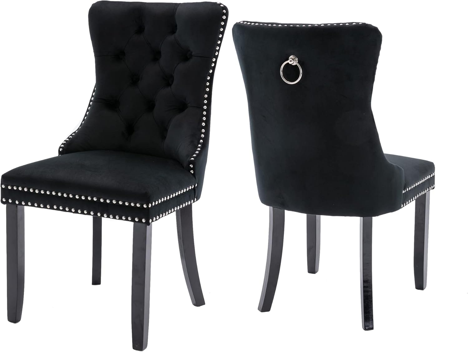 Virabit Tufted Set of 2 Black Dining Chairs with Nailhead Back and Ring Pull Trim, Velvet Upholstered Dining Chairs for Kitchen/Bedroom/Dining Room