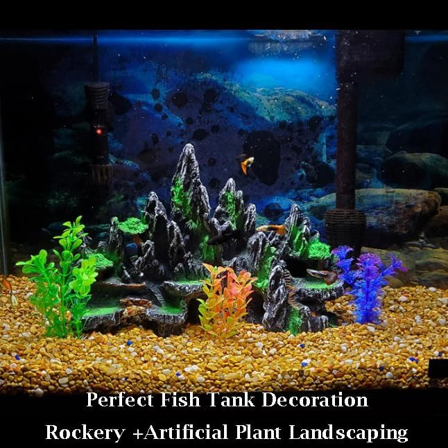 PakyKai Large Fish Tank Decorations, Mountain View Aquarium Ornament with Tree House Cave Bridge Artificial Plastic Plants Aquarium Decorations
