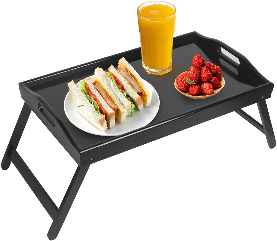Multi-Purpose Bamboo Wood Lap Desk - Folding Legs, Breakfast Food Tray, Serving Dinner Tea TV Tray - Lightweight, Minimalist Black