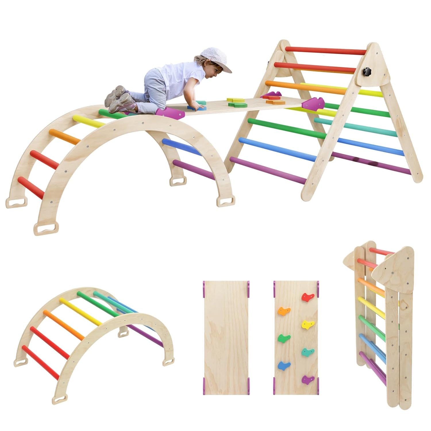 Pikler Triangle Set, 5 in 1 Toddler Climbing Toys Indoor Playground, Ramp, and Arch, Montessori Climbing Set with Triangle, Medium Size Wooden Climbing Gym for Toddlers 1-3 Years, Colorful