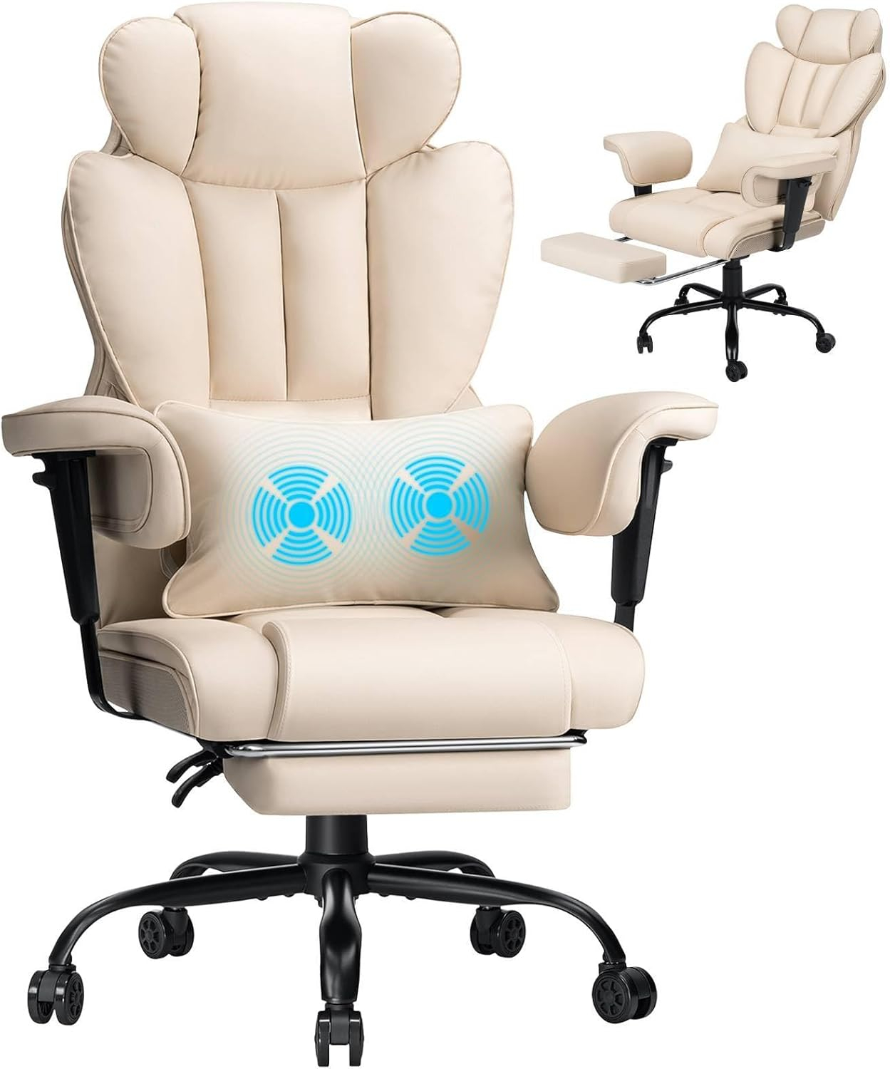 Hoffree Big and Tall Office Chair 450lbs, Executive Computer Desk Chair with Massage Ergonomic  Leather Chair with Footrest Reclining Desk Office Chair with Lumbar Support for Home Office