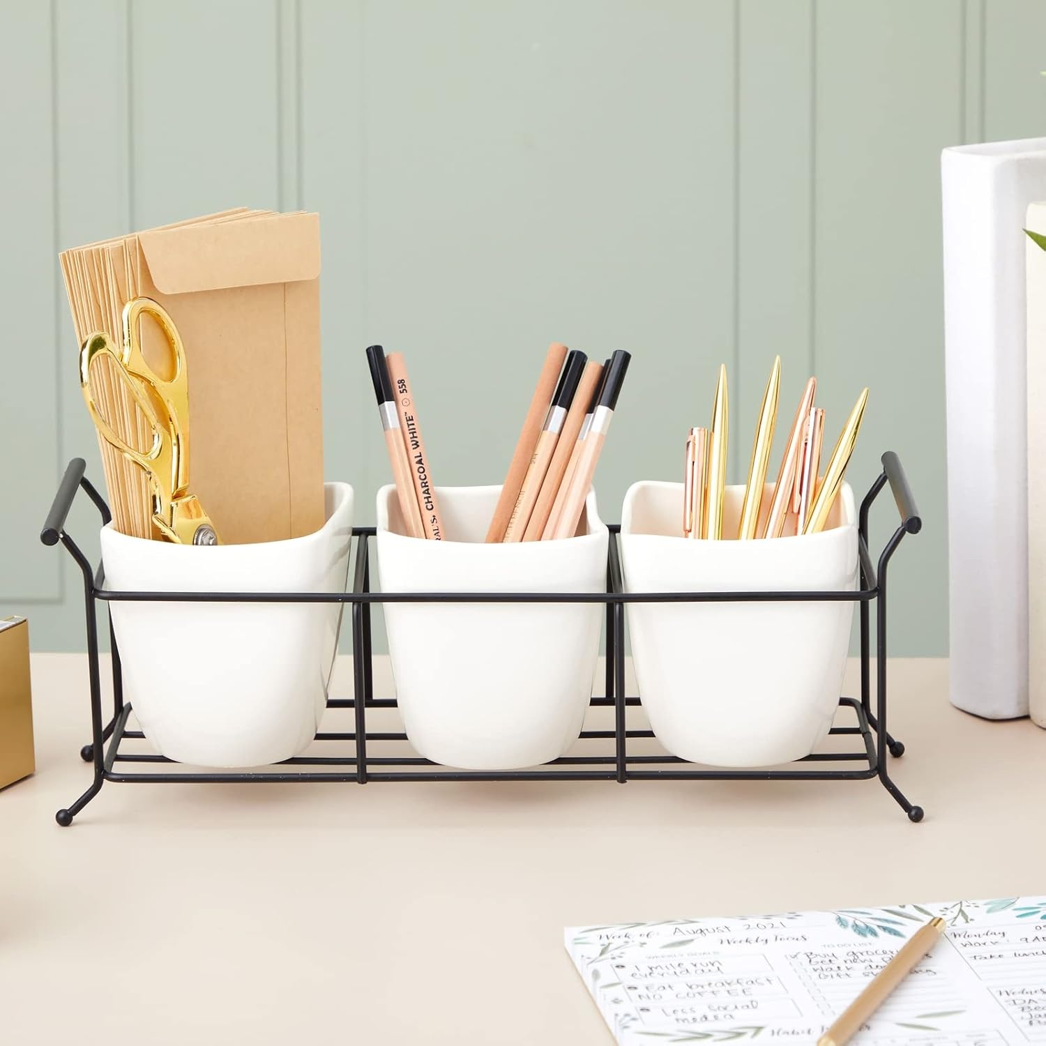 3 Piece White Ceramic Utensil Holder with Metal Stand, Flatware Caddy for Cutlery, Silverware, Kitchen Organizing (White, 13 x 4 x 5 In)
