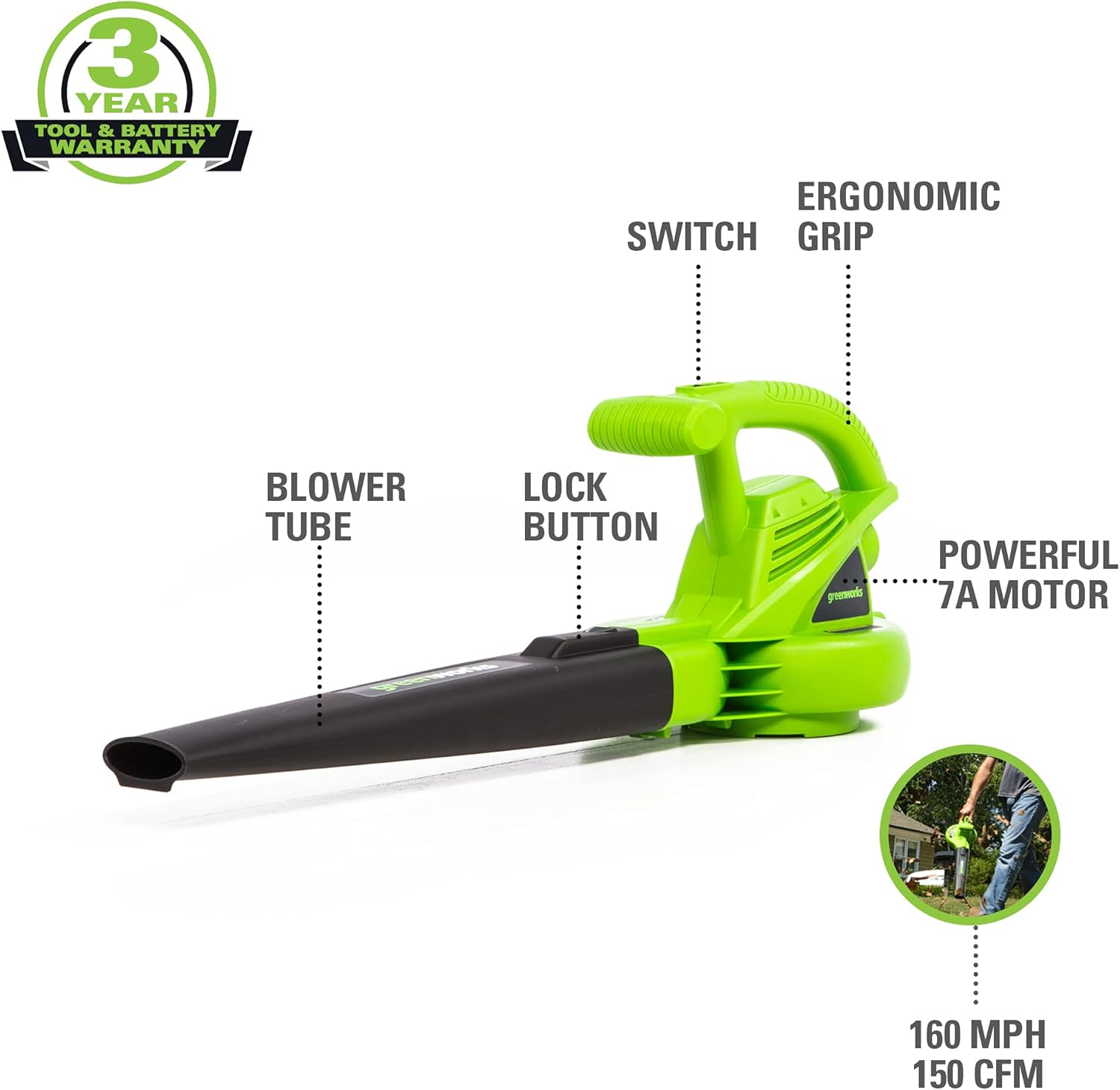 Greenworks 7 Amp 150 CFM at 160 MPH Corded Electric Leaf Blower 24012