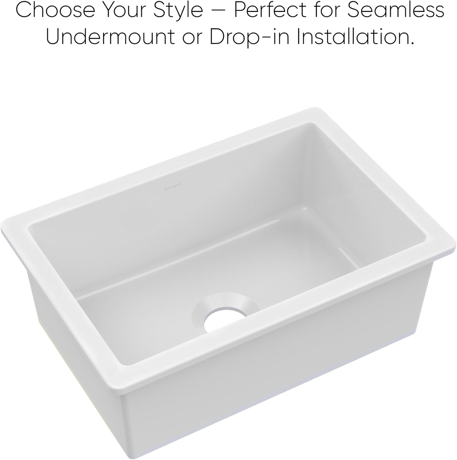 Glossy White Fireclay Drop-in Single Bowl Kitchen Sink with Stainless Steel Grid