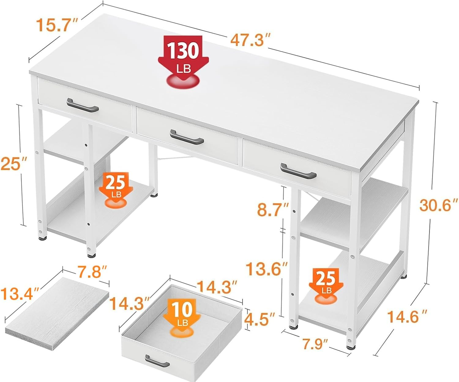 ODK Office Small Computer Desk: Home Table with Fabric Drawers & Storage Shelves, Modern Writing Desk, White, 48"x16"