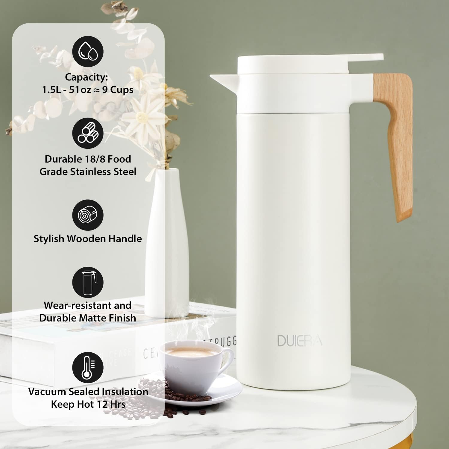 DUIERA 51 oz Coffee Carafe Double Walled Thermal Carafe Stainless Steel Thermos Pot, 1.5 L Beverage Dispenser Keeping Hot/Cold - White