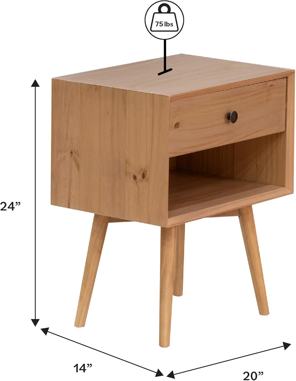 Mid-Century Natural Pine 1-Drawer Solid Wood Nightstand Set