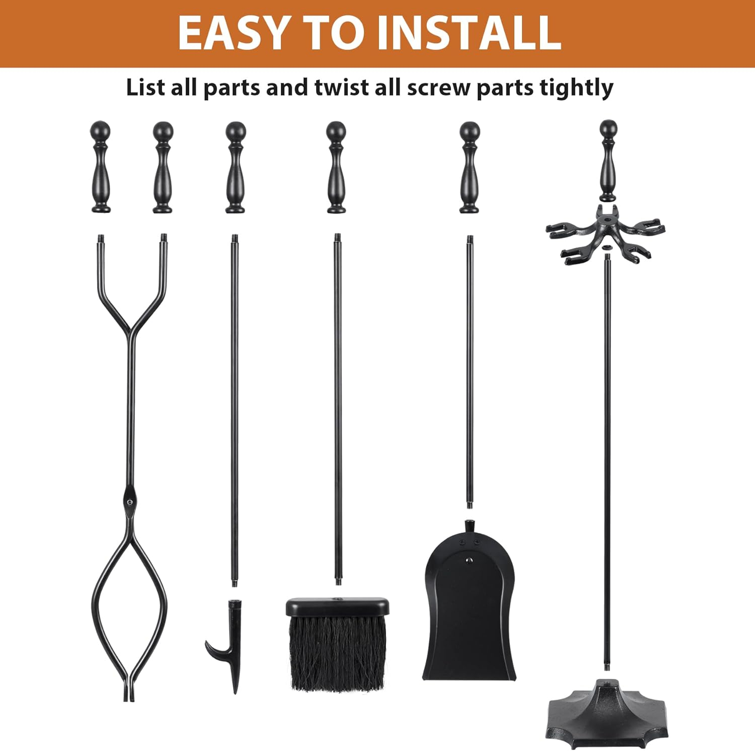 Barton 5pcs Rustic Fireplace Tools Set Hearth Iron Poker Wood Stove Log Tongs Holder Brush Set