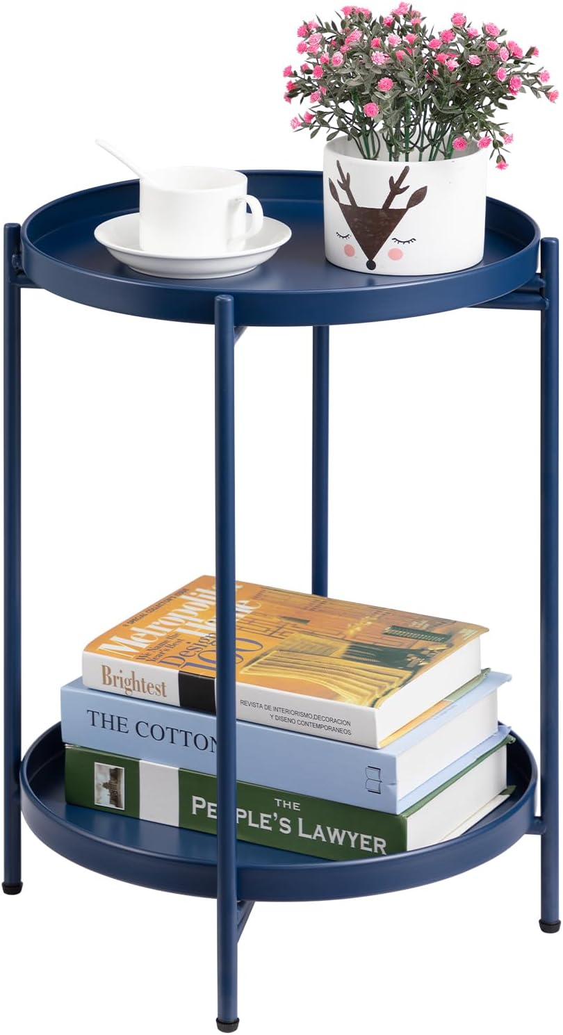 danpinera 2-Tier End Table, Outdoor Side Table Metal Round Side Table with Removable Tray, Small Accent Table, Anti-Rust Nightstand for Bedroom Balcony Patio Living Room (Navy Blue)