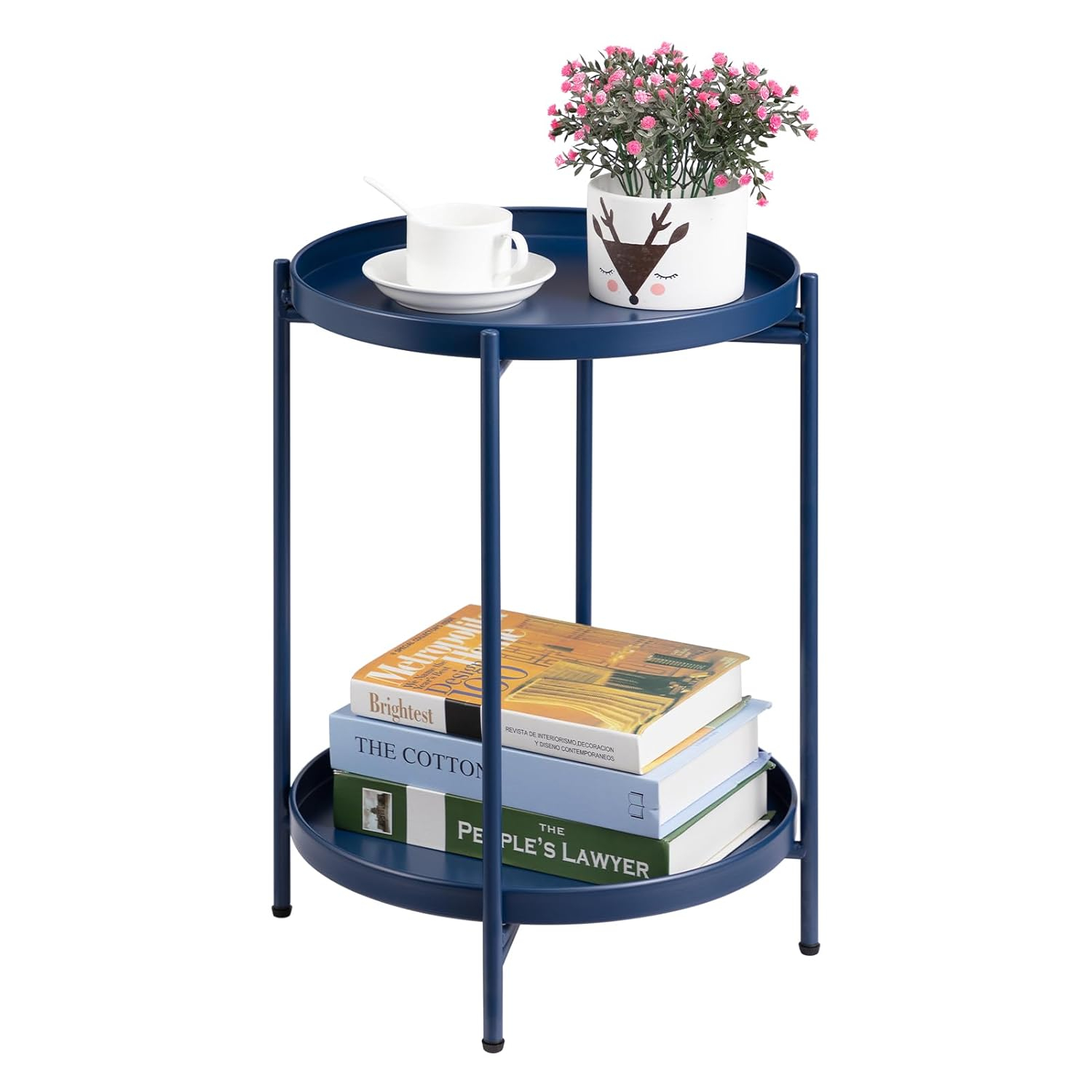 HollyHOME 2-Tier Round Side Table, Outdoor Small Folding Accent Stand with Removable Tray, Anti-Rust Metal Asional Table for Balcony Patio Living Room, Nightstand for Bedroom(Navy Blue)