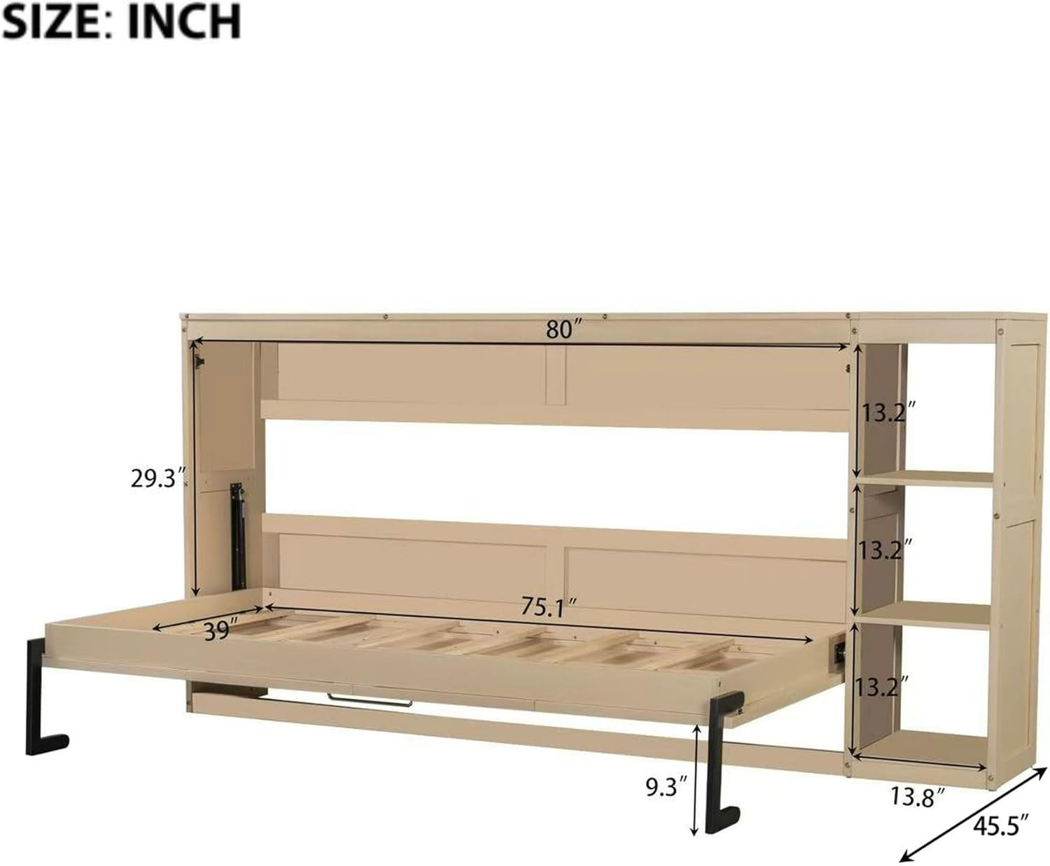 SOFTSEA Modern Murphy Bed Cabinet Bed with Bookshelf, Twin Size Foldable Platform Bed Frame with Storage Racks, for Home Guest Room Small Room, Natural