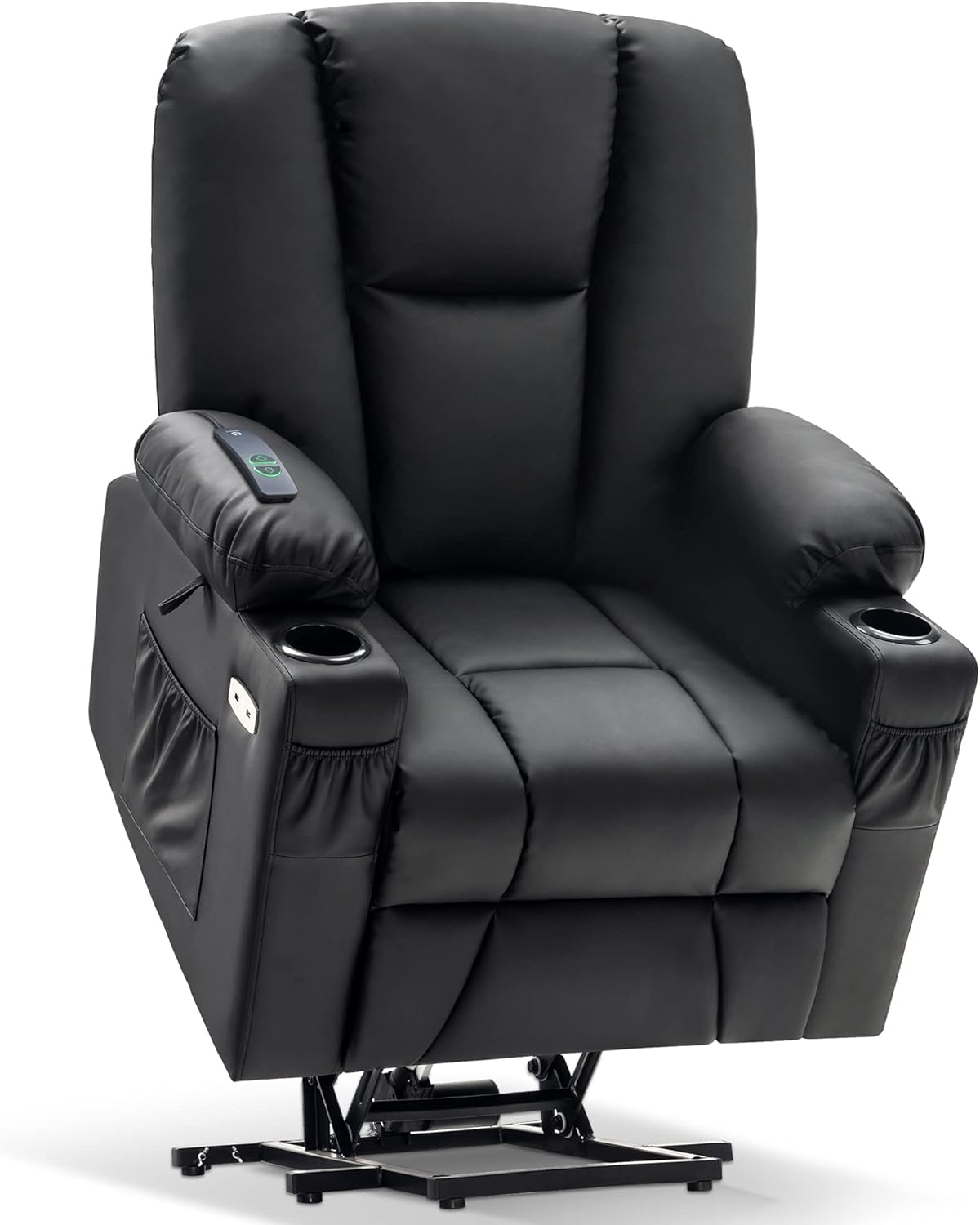 MCombo Electric Power Lift Recliner Chair with Extended Footrest for Elderly People, 3 Positions, Hand Remote Control, 2 Cup Holders, USB Ports, Faux Leather 7507 Black