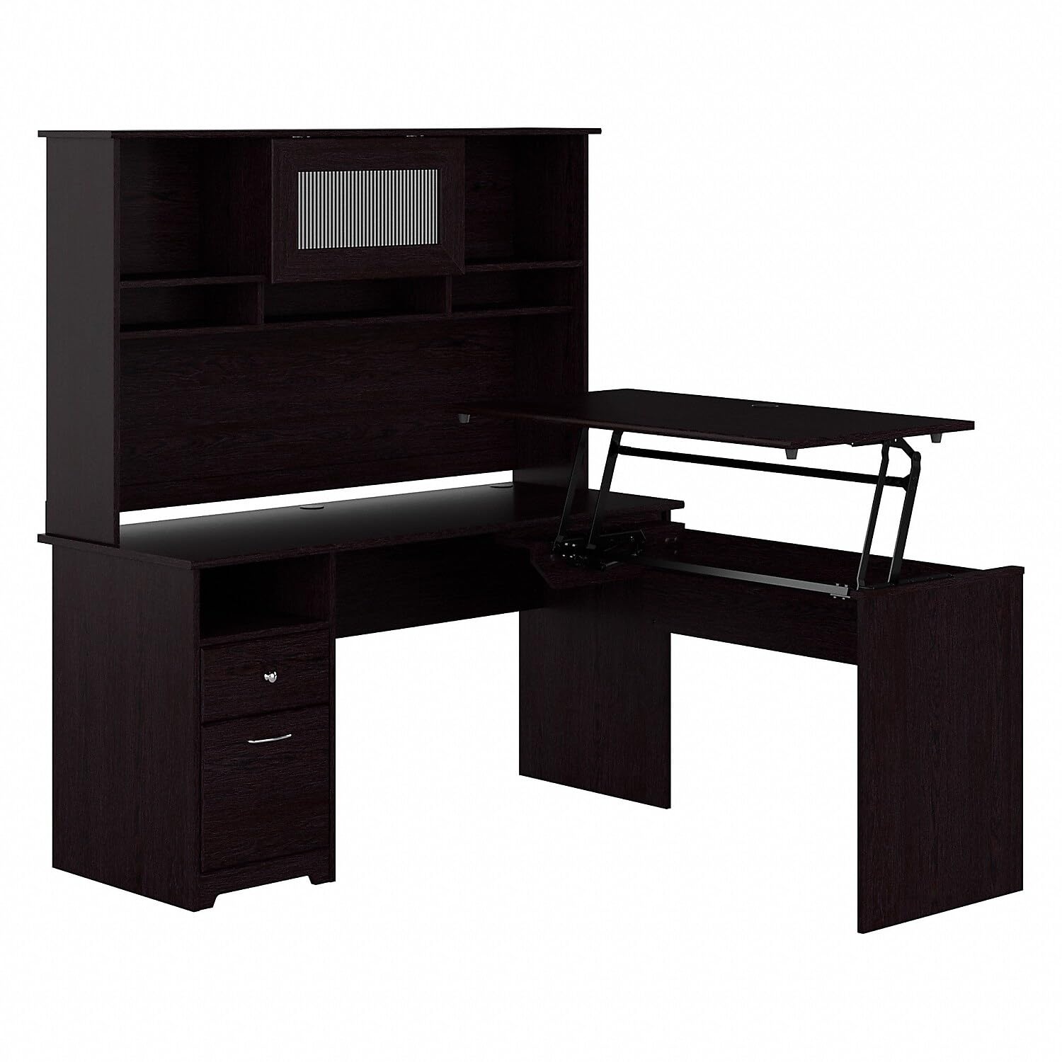 Cabot 60W 3 Position Sit to Stand L Desk & Hutch in Espresso Oak - Eng Wood