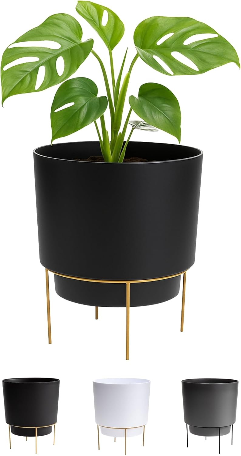 Bloem 10-in Hopson Modern Round Resin Planter with Gold Metal Stand - Black