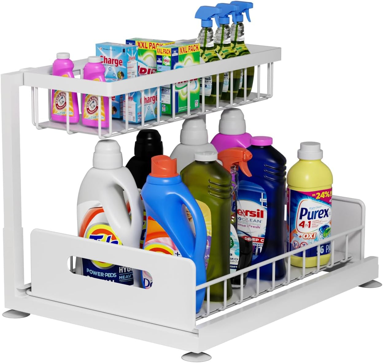 2-Tier Under Sink Slide Out Organizer, Pull Out Cabinet Storage Shelf with Sliding Wire Basket Drawer for Bathroom Kitchen, Countertop or Pantry Shelf, White