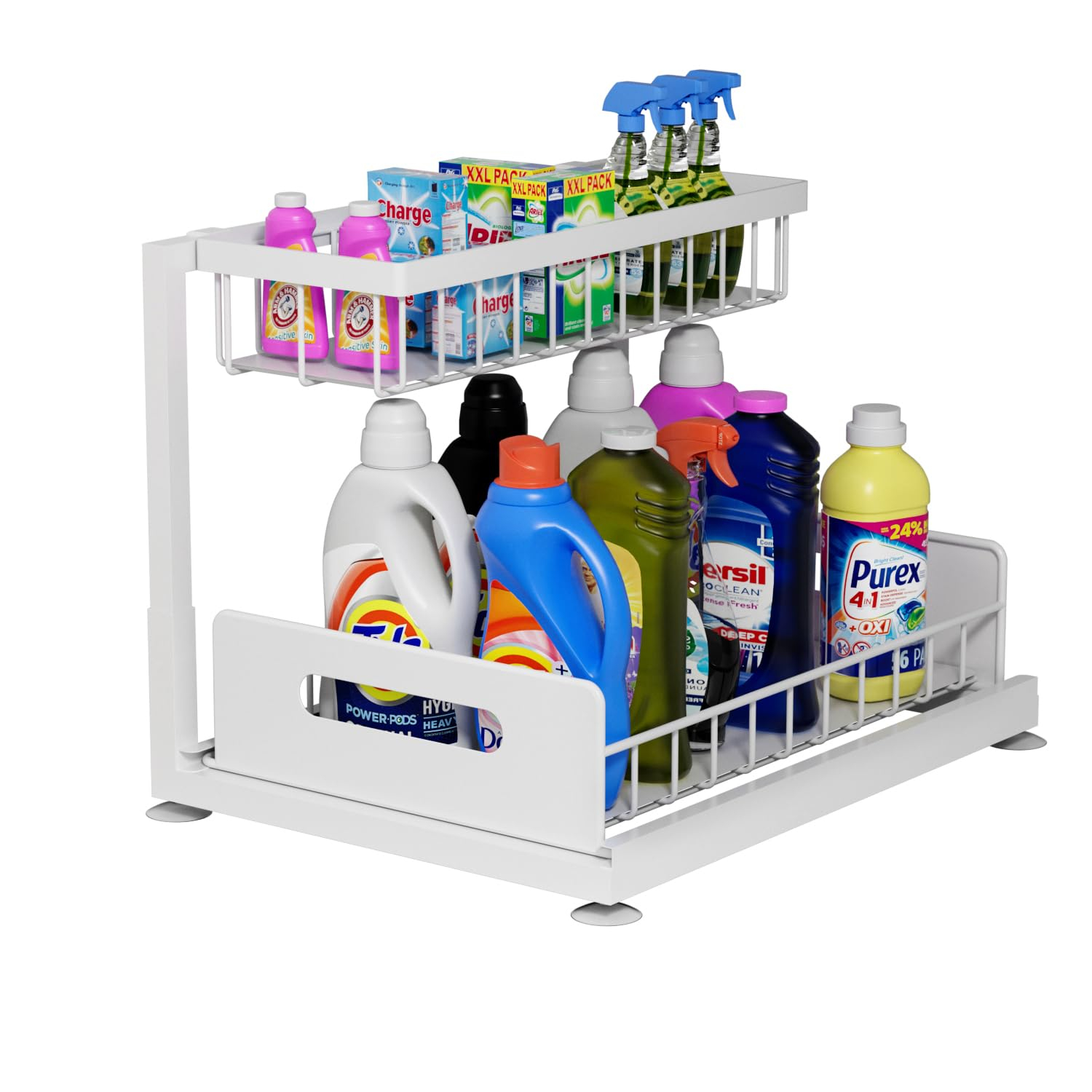 2-Tier Under Sink Slide Out Organizer, Pull Out Cabinet Storage Shelf with Sliding Wire Basket Drawer for Bathroom Kitchen, Countertop or Pantry Shelf, White