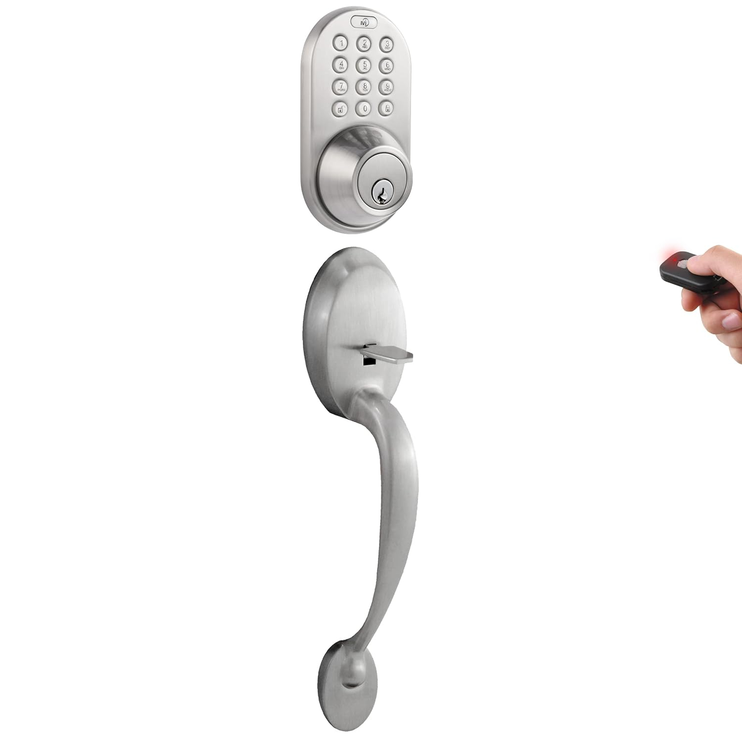 MiLocks Digital Deadbolt Door Lock and Passage Handleset Combo, Satin Nickel Finish with Keyless Entry via Remote Control and Keypad Code for Exterior Doors (BXF-02SN)