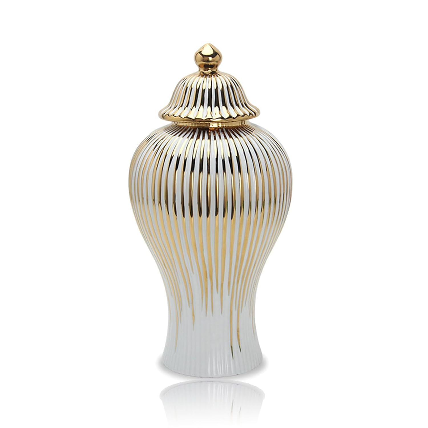 Large White and Gold Ceramic Ginger Jar Vase with Lid