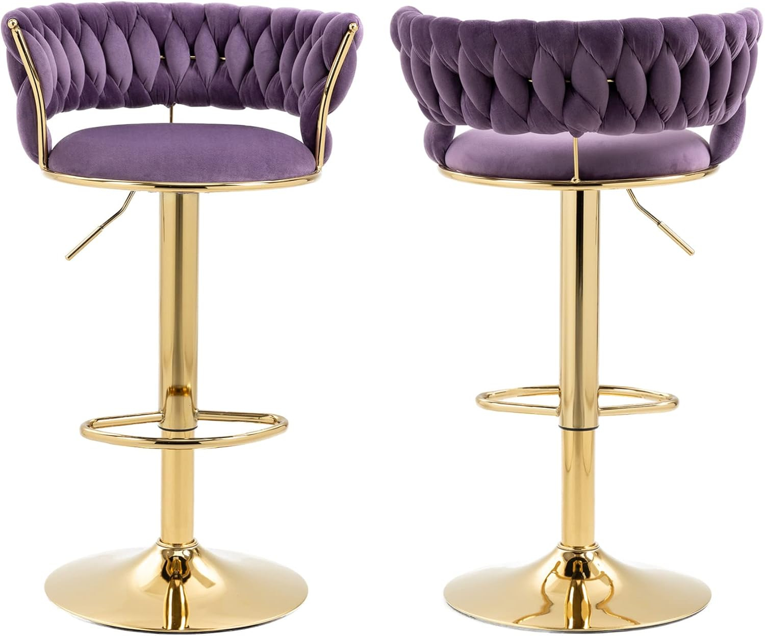 Kakotito 360° Velvet Swivel Bar Stools with Low Back & Footrest, Adjustable Counter Barstools, Silver Bar Stool (Set of 2 - Silver Version, Pink)