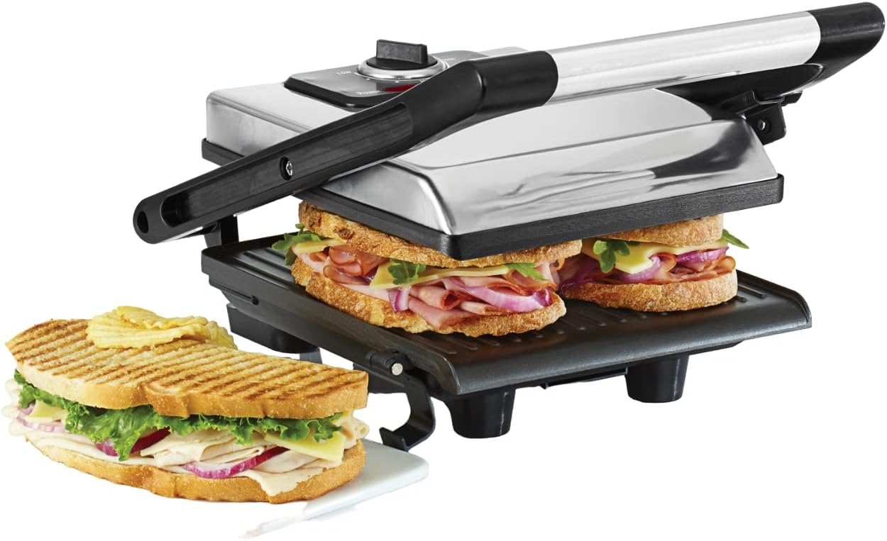 BELLA Panini Press, Sandwich Maker and Electric Indoor Grill with Double Nonstick Plates, Height Adjustable Lid and Removable Drip Tray, Stainless Steel