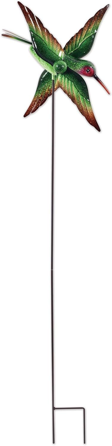 Green Metal Hummingbird Garden Wind Spinner Stake, 36.5-Inch