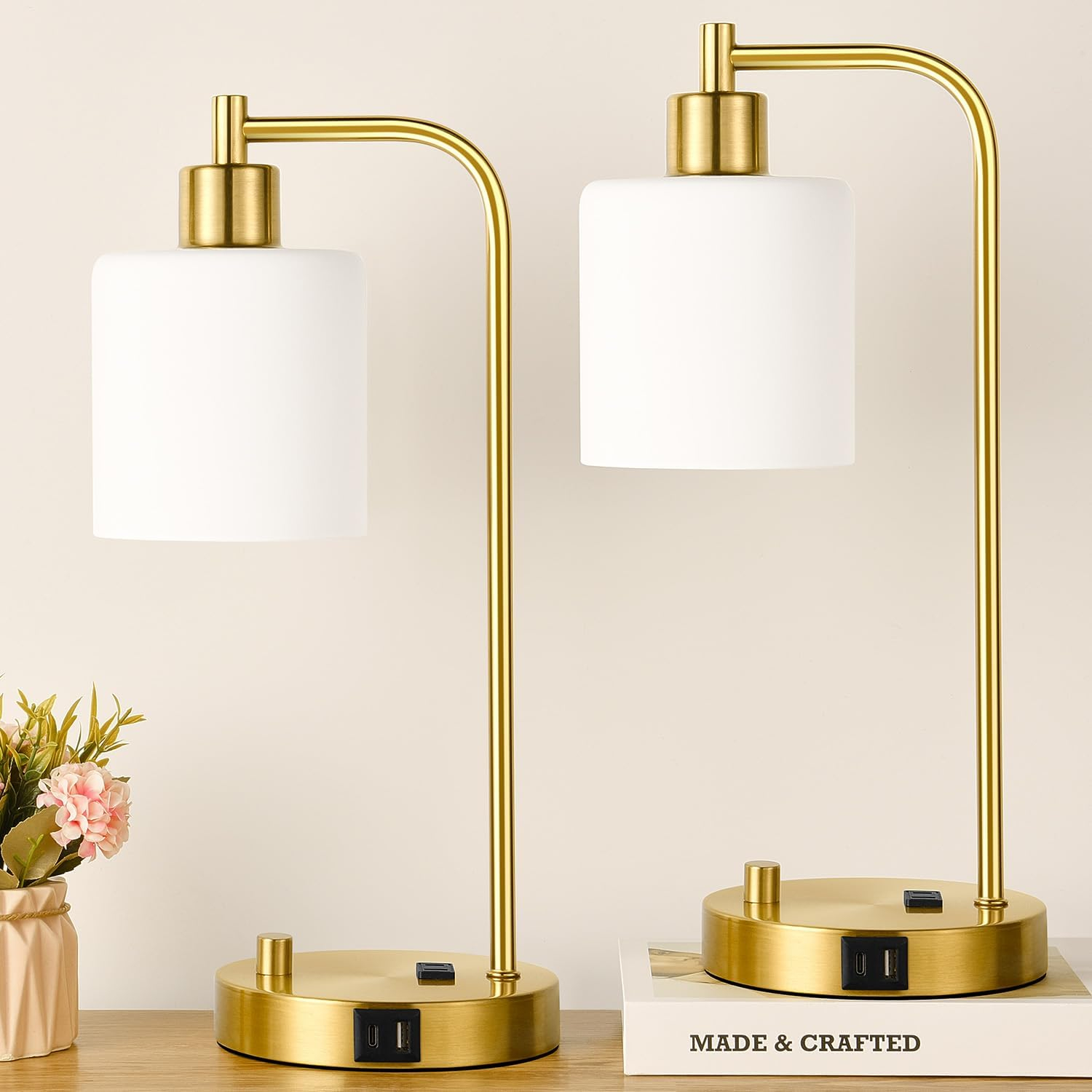 【Upgraded】Set of 2 Industrial Table Lamps with 2 USB Port, Fully Stepless Dimmable Bedside Lamps for Bedroom, Nightstand Desk Lamps with Glass Shade for Bedroom Living Room Office 2 LED Bulb Included