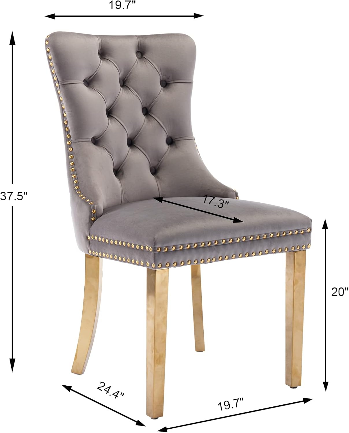Grey Velvet Dining Chairs Set of 2, Upholstered Dining Room Chairs with Back Ring Pull Trim and Golden Stainless Steel Legs,Modern Kitchen Chairs for Dining Room,Living Room,Kitchen(Grey)