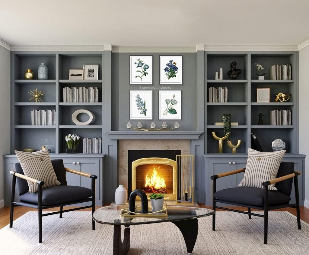 Blue Flower Canvas Wall Art Print, Vintage Floral Botanical Decor Antique Botany Poster, Blue Tone Morning Glory Water Lily Hyacinth Gentian Decorate for Office, Set of 4 ,8 X 10 In Unframed