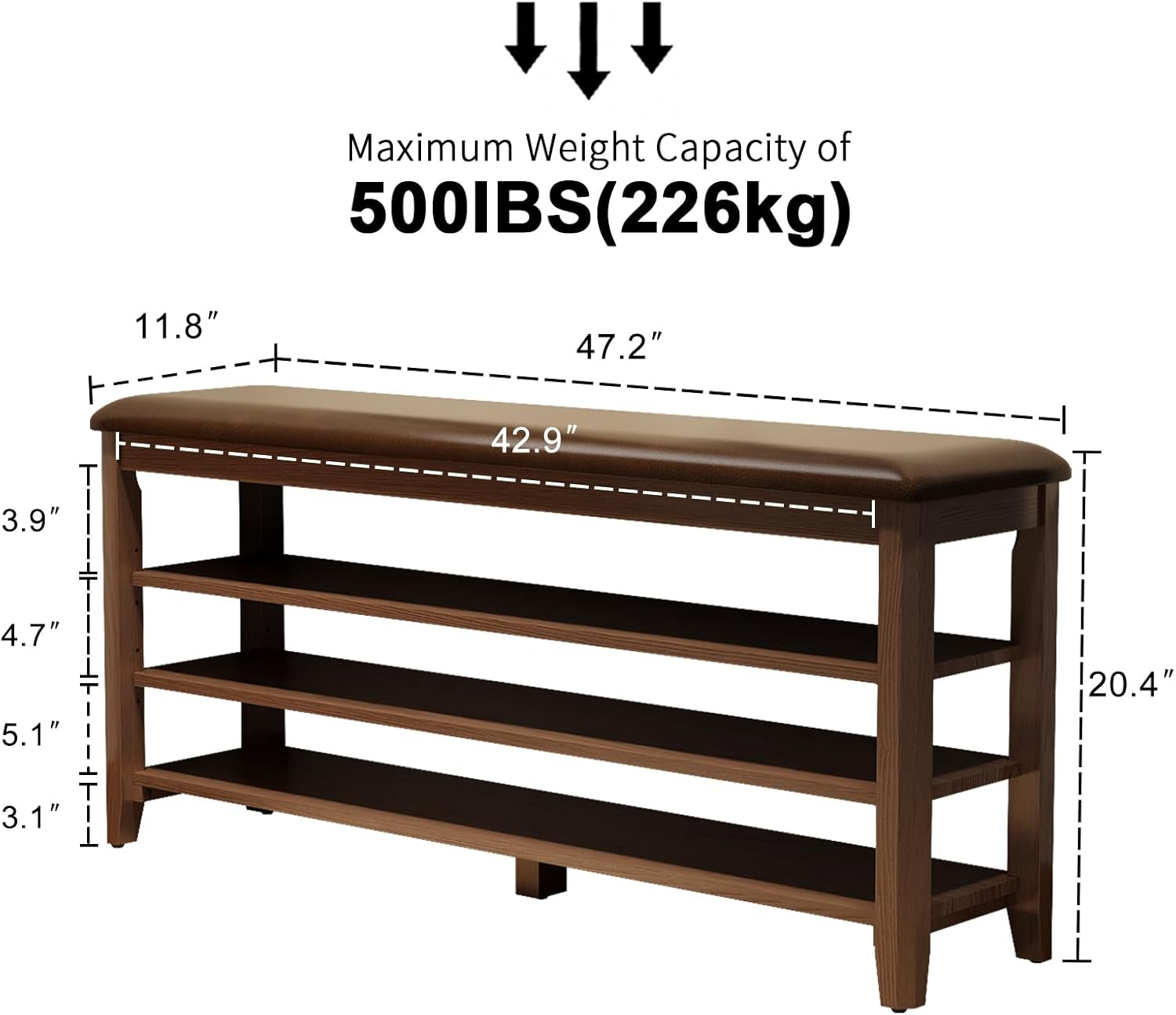 Shoe Bench with Leather Cushion, 3 Tiers Shoe Storage Bench, Walnut Wood Entryway Bench