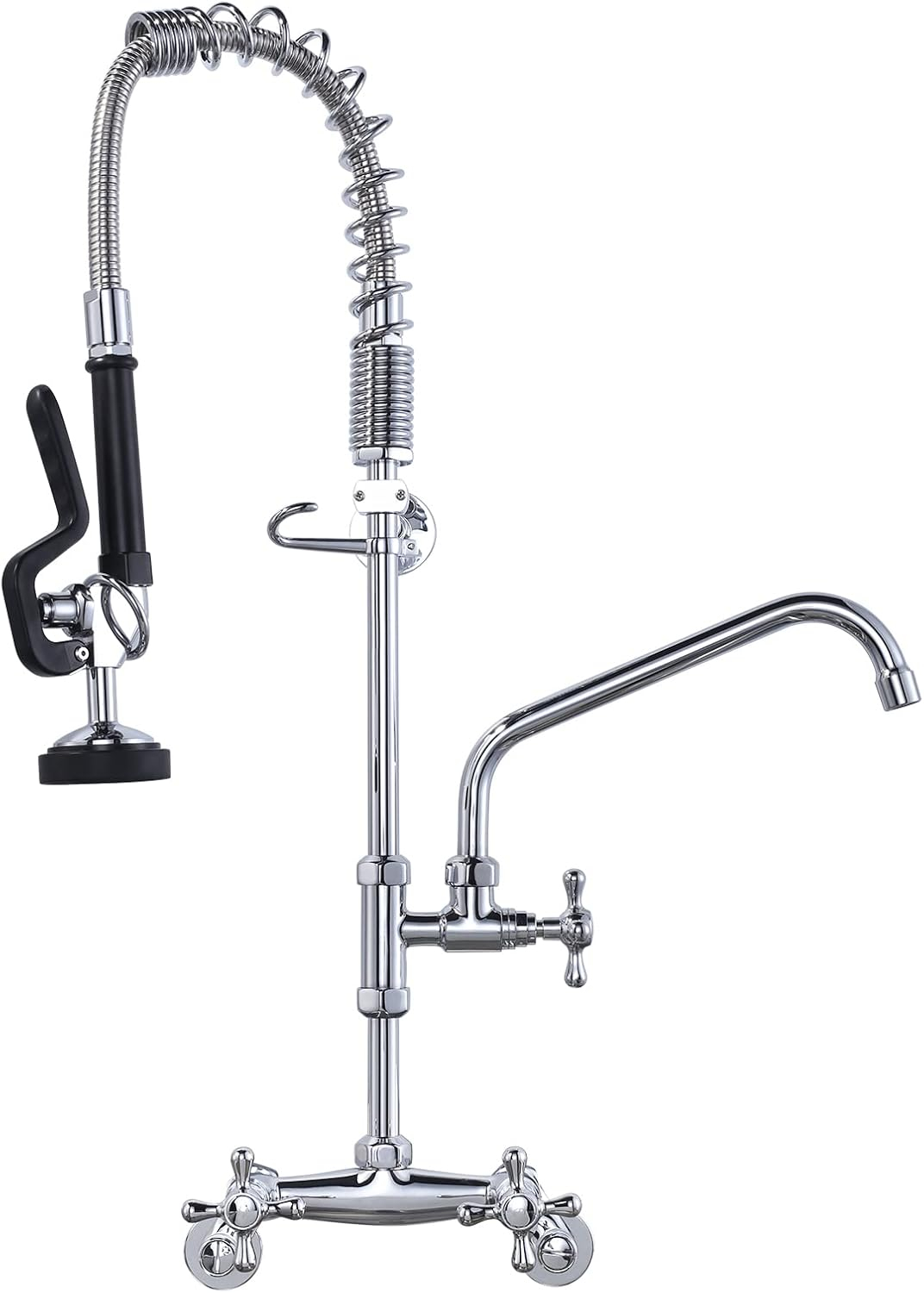 26 in. Commercial 3-Handle Pull Down Kitchen Faucet Wall Mount with Pre Rinse Sprayer in Chrome