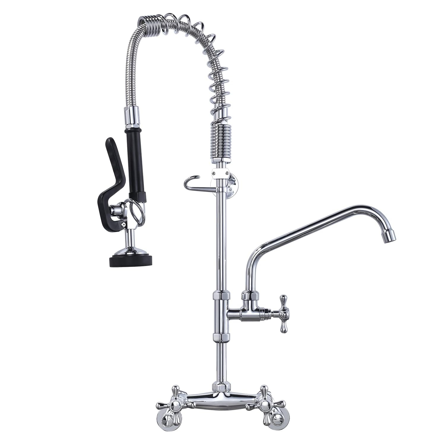 26 in. Commercial 3-Handle Pull Down Kitchen Faucet Wall Mount with Pre Rinse Sprayer in Chrome