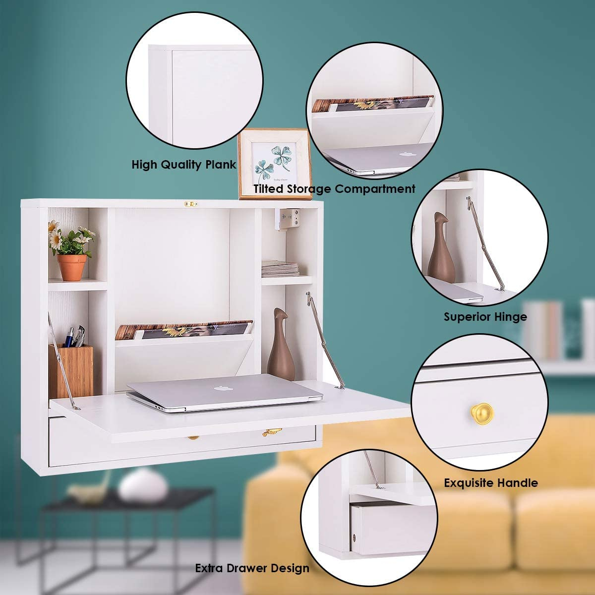 TrendSage Wall Mounted Table, Multifunctional Folding Hanging Storage Cabinet, Space Saving Computer Desk w/Storage Drawer and Shelves, Wall Mount Laptop Desk for Home Office (White)