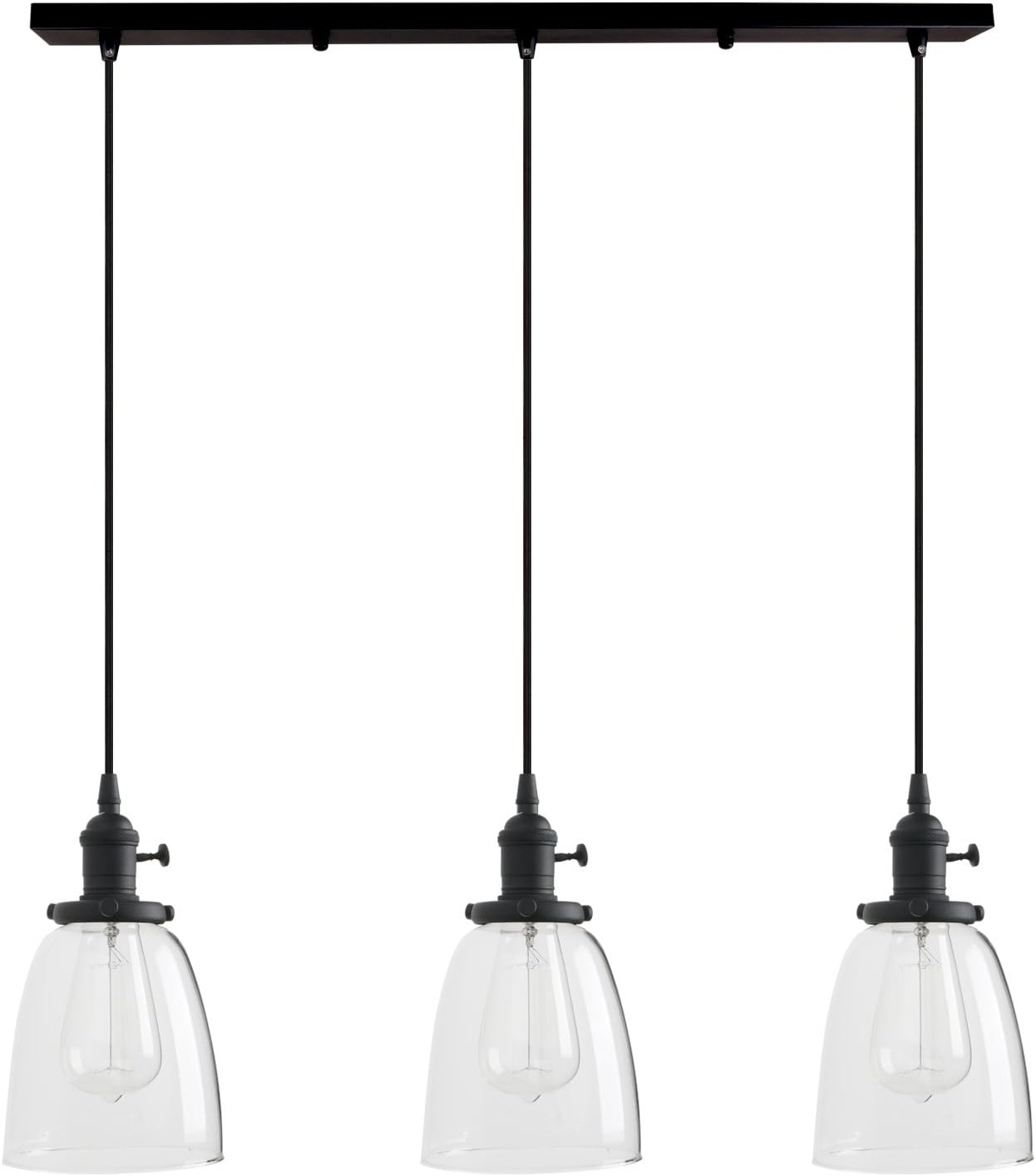 PERMO Vintage Rustic Industrial 3-Lights Kitchen Island Chandelier Triple 3 Heads Pendant Hanging Ceiling Lighting Fixture with Funnel Flared Clear Glass Shade (Black)