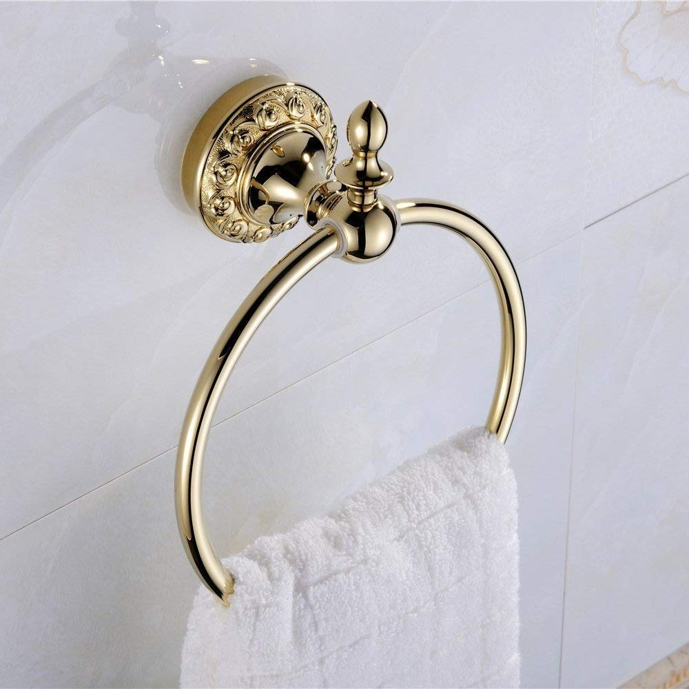 Leyden Polished Gold Towel Ring, Bathroom Hand Towel Holder Wall Mounted Gold Towel Rack Round