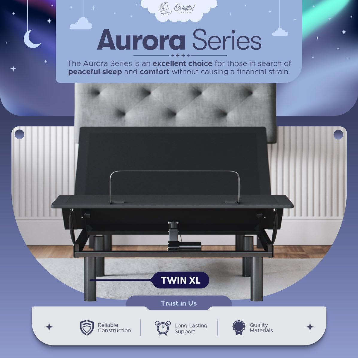 Celestial Aurora Adjustable Bed Base (Frame Only), Easy Assembly, Head and Foot Lift, Zero Gravity, Memory Positions - Twin XL